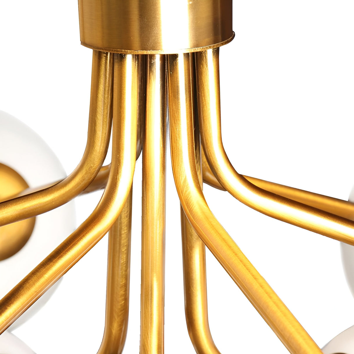 Close-up of the Ivy 9 Light Chandelier in Brass, featuring multiple curved metal arms and round white light fixtures, set against a white background.