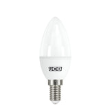 Image of the JCB-1 4.9W Non-Dimmable LED Candle Bulb with a silver screw base. This E14 candle-shaped bulb, featuring a warm white light at 3000K, bears the JCB logo to highlight its energy efficiency.