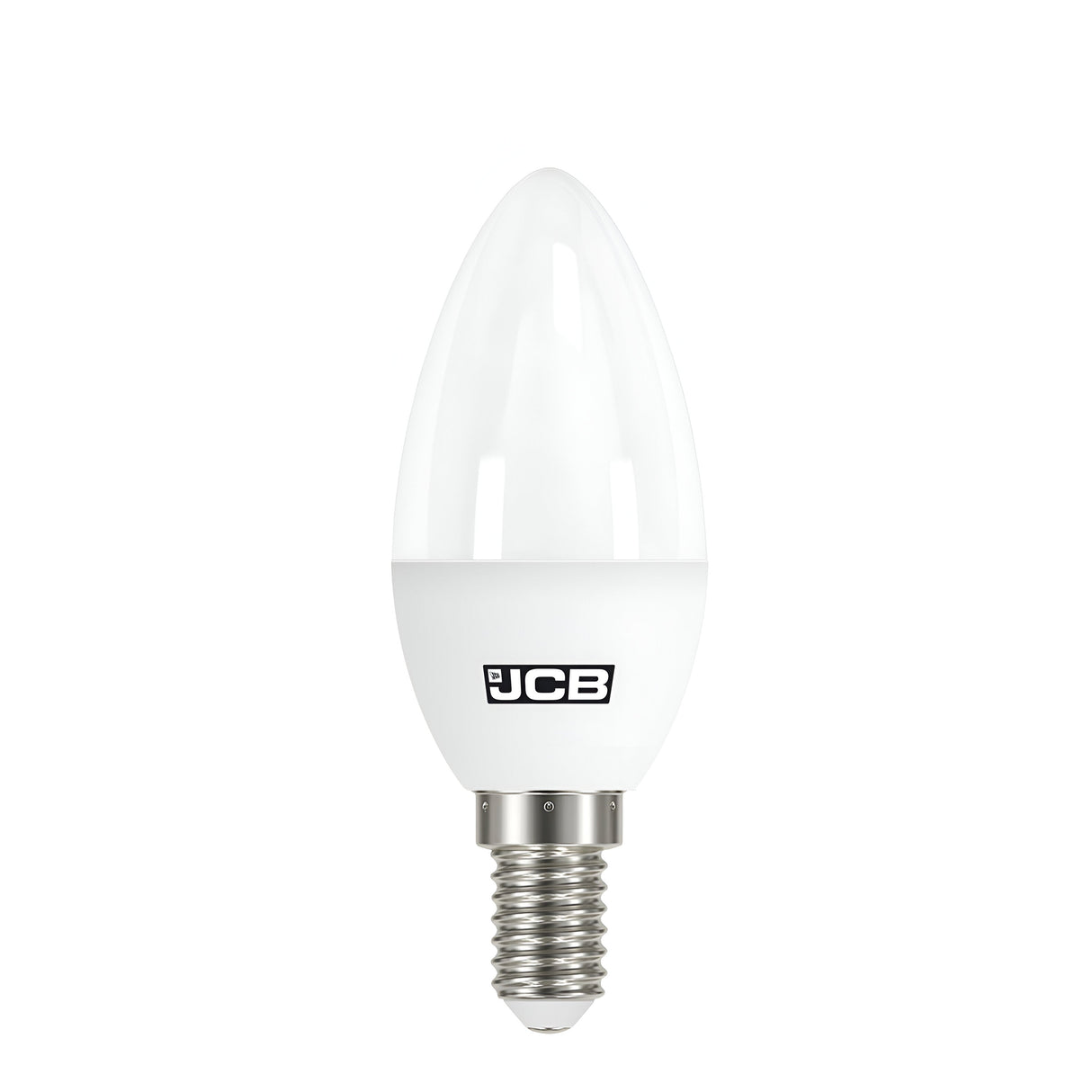 A non-dimmable LED candle bulb with an E14 base and the JCB logo, isolated on a plain white background. The bulb has a sleek, tapered design and emits warm white light at 3000K.