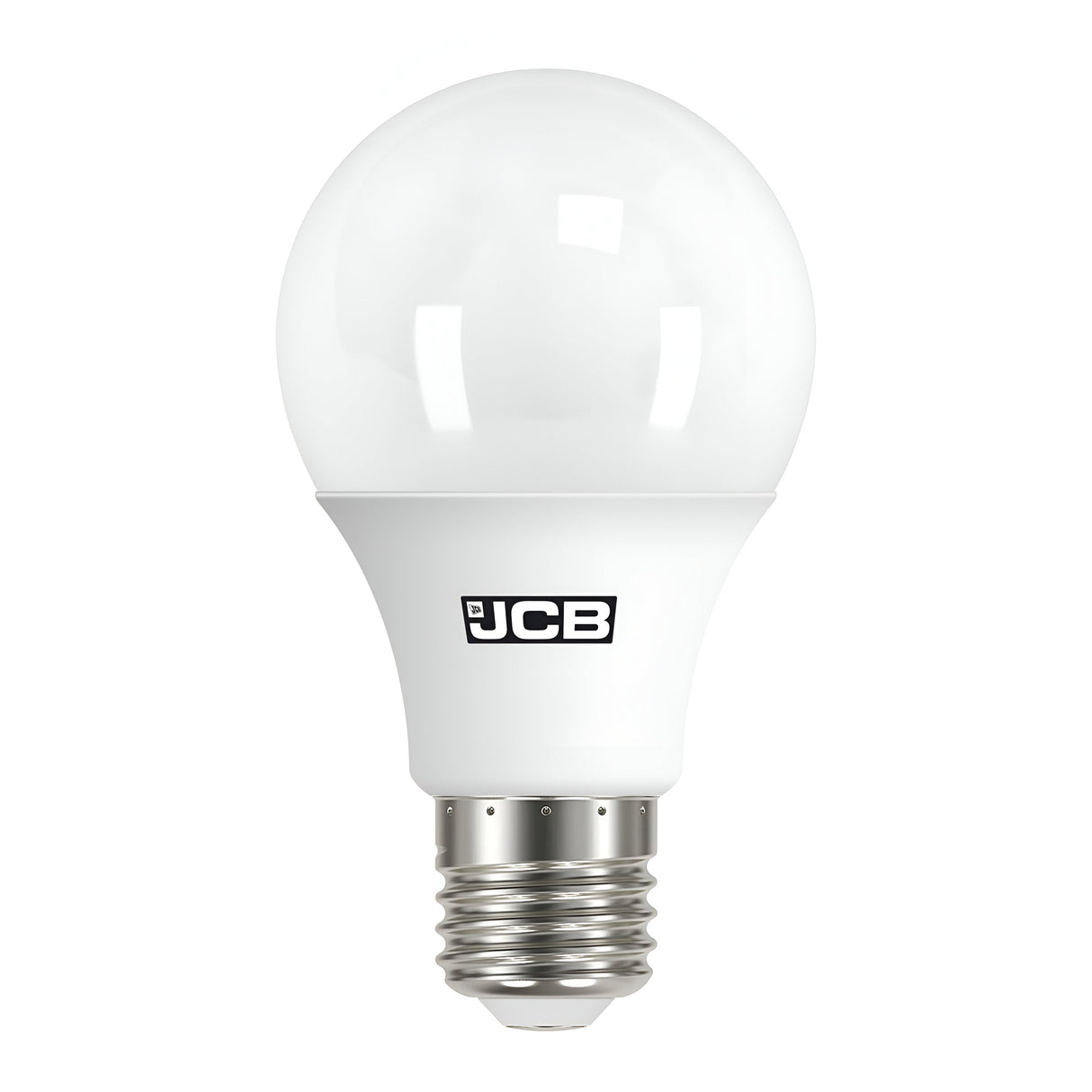 A JCB 8.5W Non-Dimmable LED GLS Bulb featuring a round, smooth surface and metallic E27 screw base, providing energy-efficient lighting in a daylight color temperature of 6500K.