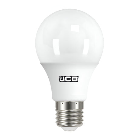 Introducing the JCB-2 8.5W Non-Dimmable LED GLS Bulb, featuring a standard E27 screw base. This energy-efficient bulb emits a warm white light at 3000K and showcases a solid white finish with a rounded top, proudly bearing the JCB brand.