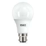 Image of a JCB 4.9W Non-Dimmable LED GLS Bulb with a bayonet fitting, featuring a frosted glass dome and metallic base. This bulb emits a warm white light at 3000K and is displayed against a plain white background.