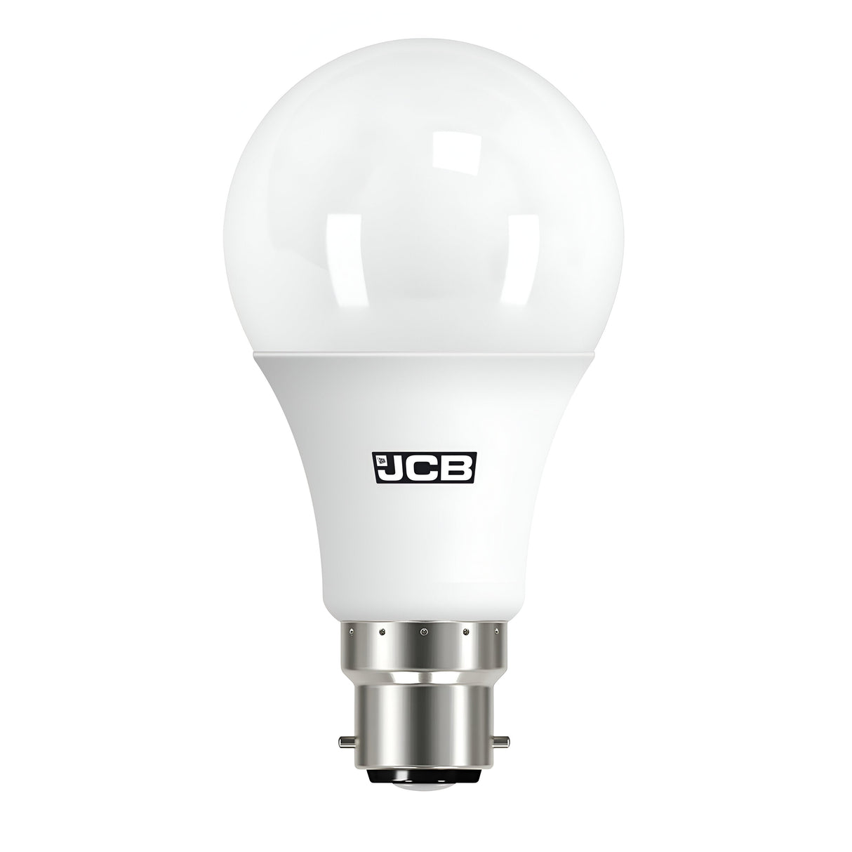 A JCB 14W Non-Dimmable LED GLS Bulb with a B22 base, featuring frosted glass and bearing the JCB logo. It offers a modern, sleek design and emits daylight color temperature (6500K), making it energy-efficient and perfect for standard fixtures.