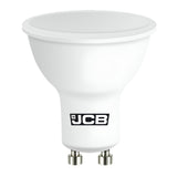 A JCB 4.9W GU10 Non-Dimmable LED Bulb in Warm White (3000K), featuring a wide, smooth surface and the brand logo on its side, showcasing its energy-saving efficiency.