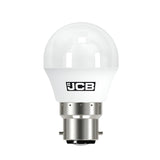 A JCB 5.5W Non-Dimmable LED Golf Ball Bulb with a silver base and Bayonet Cap fitting is highlighted with the JCB logo on display. This bulb provides cool white light with a sleek, energy-efficient design, featuring a modern smooth, rounded shape against a plain white background.