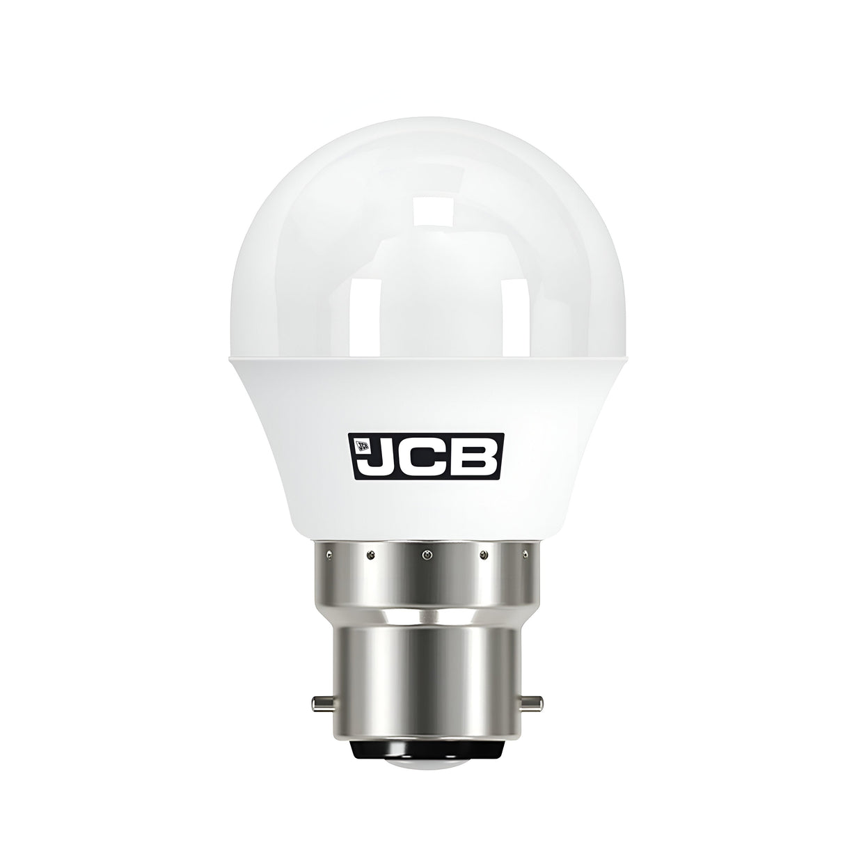 The JCB 4.9W Non-Dimmable LED Golf Ball Bulb in Warm White, B22, 3000K features a metallic base and the iconic JCB logo on its side. With a rounded top and contemporary design, this energy-efficient bulb provides a sustainable lighting solution with its warm white glow for any space.