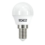 The JCB 4.9W Non-Dimmable LED Golf Ball Bulb is designed with a frosted round top and a visible screw base, making it ideal for creating a 6,500K daylight ambiance. It features the JCB logo on its white midsection and includes a Small Edison Screw (E14) fitting.