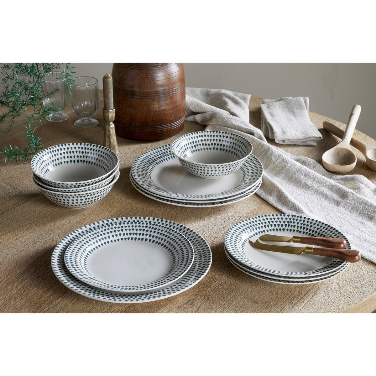 Juniper Drop Dinner Set - Cream & Juniper - 12 Piece