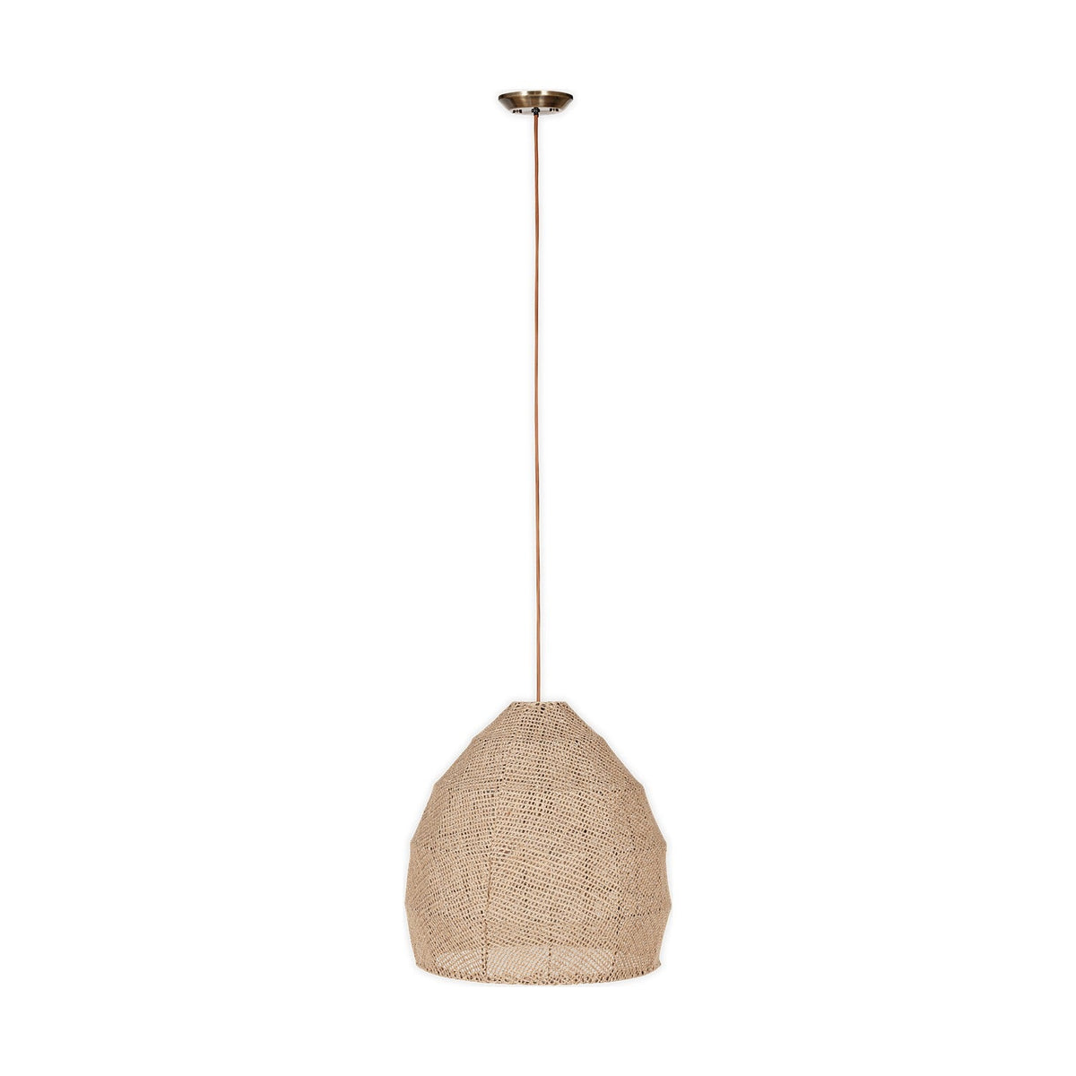 Jahari Woven Jute Pendant Light in natural, a dome-shaped open-weave jute shade with visible seams, hung from a rust-coloured cord with brass ceiling rose on a plain white background.