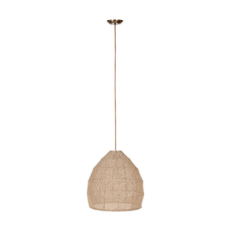 Jahari Woven Jute Pendant Light in natural, a dome-shaped open-weave jute shade with visible seams, hung from a rust-coloured cord with brass ceiling rose on a plain white background.