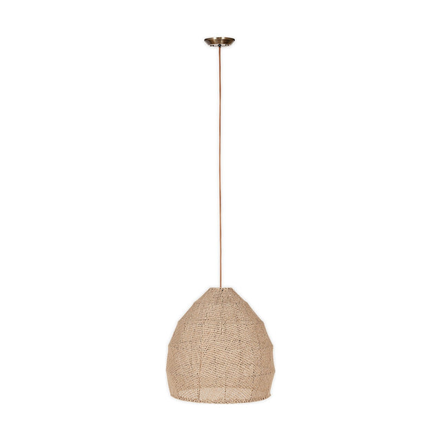 Jahari Woven Jute Pendant Light in natural, a dome-shaped open-weave jute shade with visible seams, hung from a rust-coloured cord with brass ceiling rose on a plain white background.