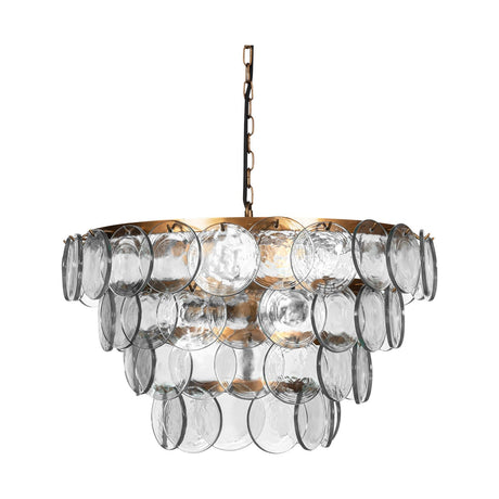 Kagitha 3-light recycled glass chandelier with tiered antique brass frame and overlapping round textured glass discs, shown on a plain white background.