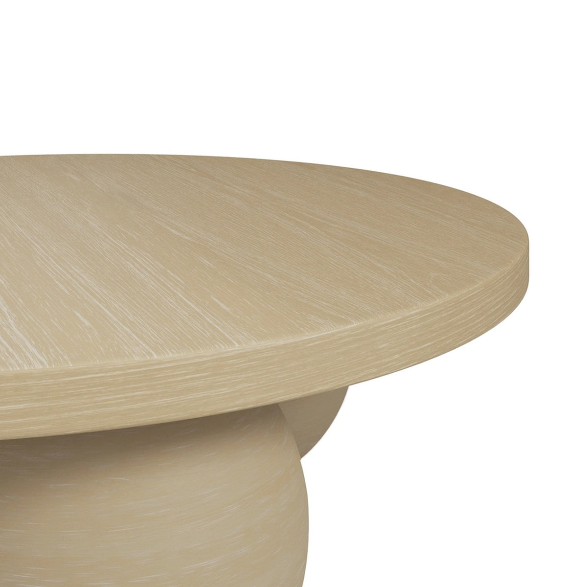 Close-up of the Kenji Calico Coffee Table showing a round concrete top with a woodgrain-textured beige finish and pedestal base, on a plain white background.