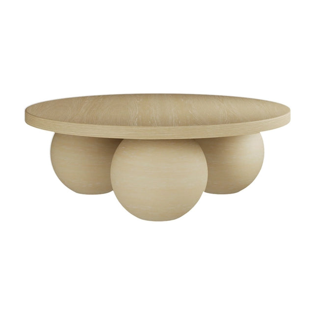 Kenji Calico Coffee Table with round wood-finish top resting on three sphere-shaped concrete legs, shown on a plain white background.