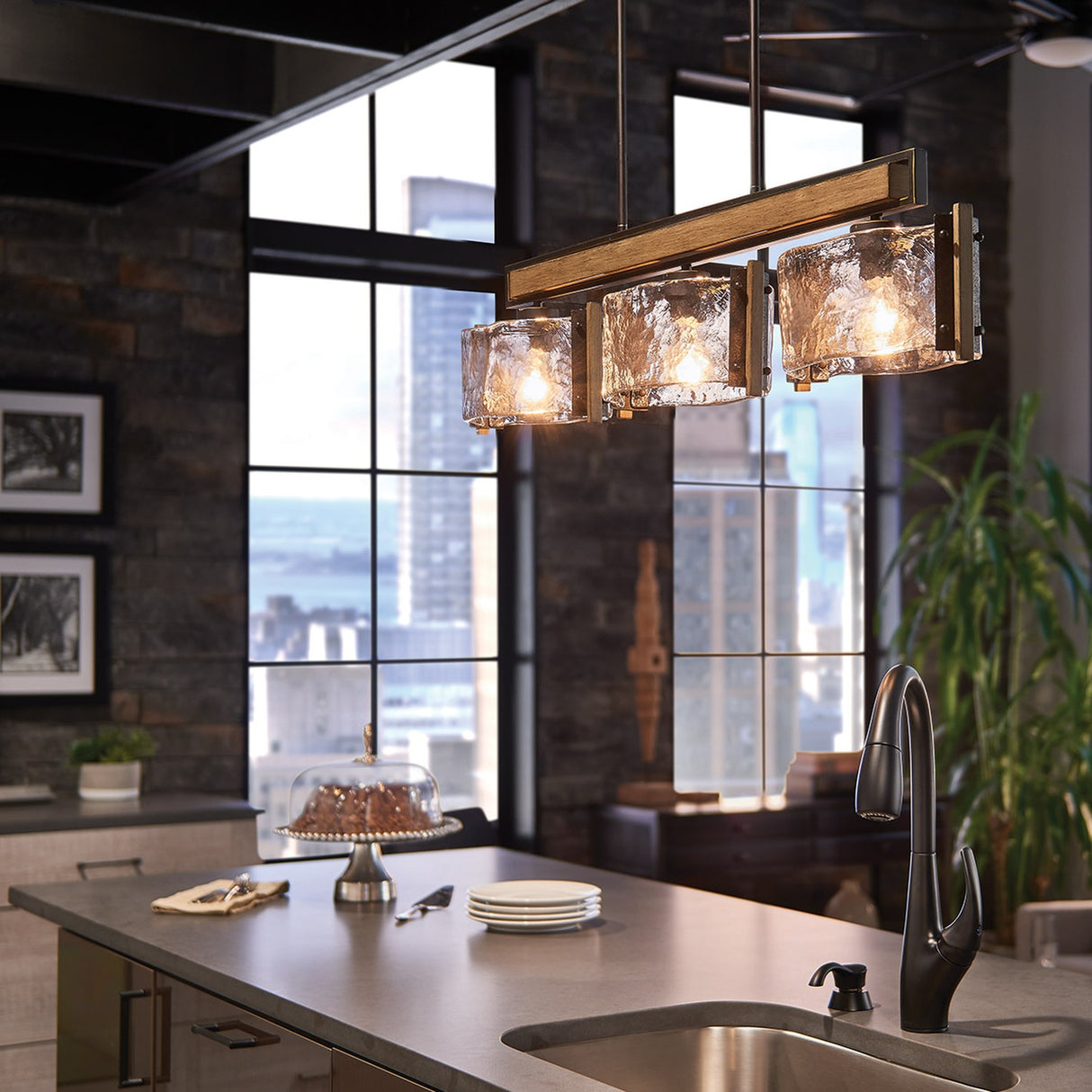 Aberdeen 3 Light Chandelier - Distressed Grey Wood Effect & Old Bronze