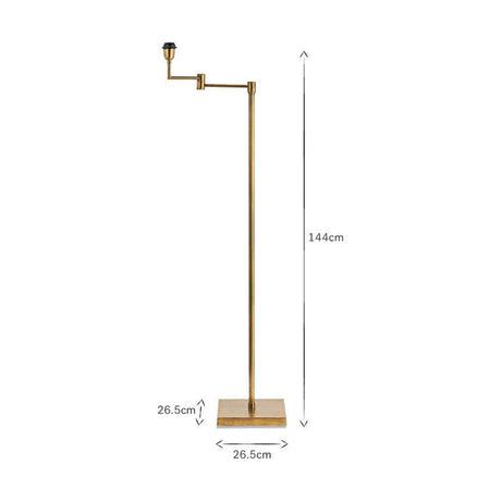 Kara Iron Floor Lamp Base in brass, swing arm design with knurled pivots, slim column and square base, 144cm tall, shown on a plain white background.