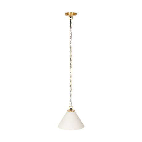 Kiara Organic Shape Ceramic Pendant Light in matt white with a wide shallow cone shade, suspended from an antique brass collar and chain against a plain white background.