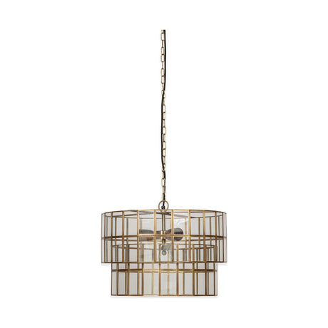Kirindi 3-light glass chandelier with two-tier drum shade in clear glass panes and antique brass frame, hung from a chain on a plain white background.