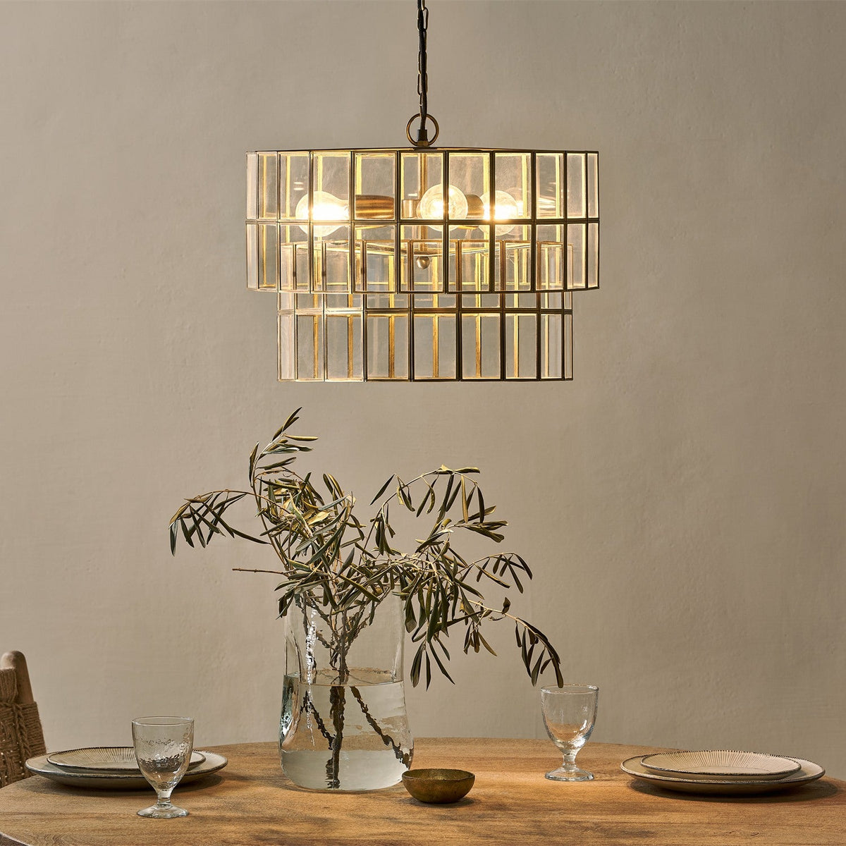 Kirindi 3 Light Glass Chandelier - Clear & Antique Brass