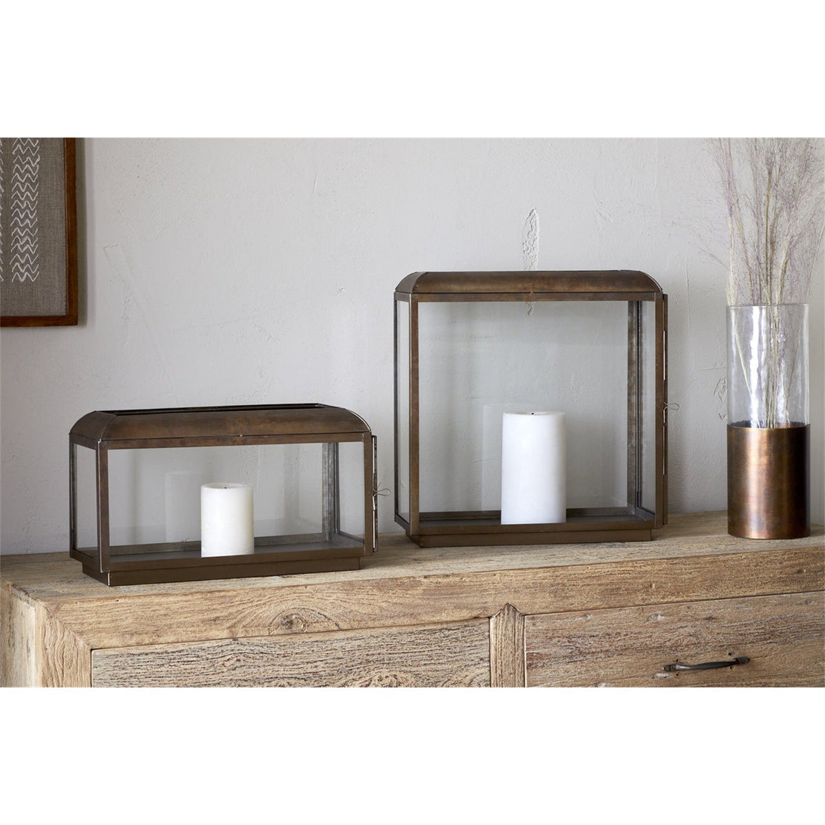 Kiwanda Tall Glass Lantern - Antique Brass