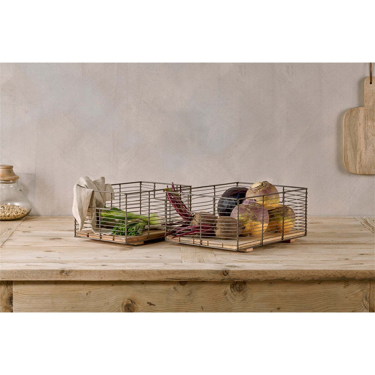 Kochi Iron & Wood Storage Basket - Brown - Set of 2