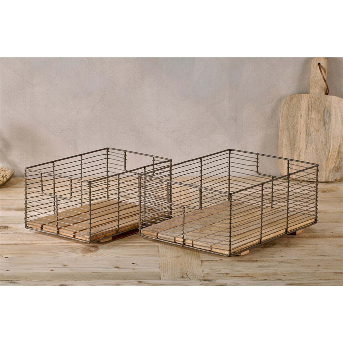 Kochi Iron & Wood Storage Basket - Brown - Set of 2