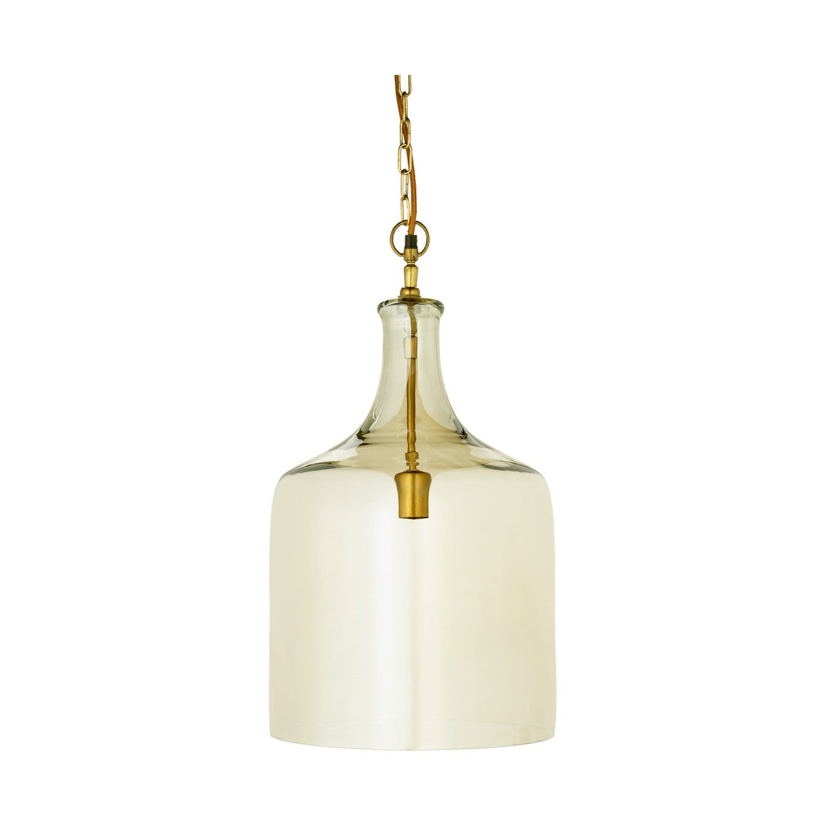 Kalsi Large Recycled Glass Pendant Light in Lustre finish, a tall flagon-shaped shade shifting from clear to smoky gold, with brass collar, chain, and visible lampholder stem on a white background.