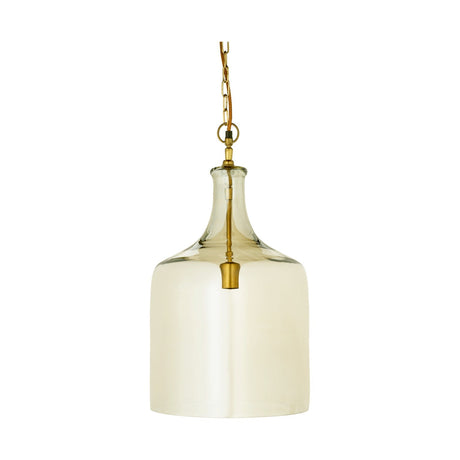 Kalsi Large Recycled Glass Pendant Light in Lustre finish, a tall flagon-shaped shade shifting from clear to smoky gold, with brass collar, chain, and visible lampholder stem on a white background.