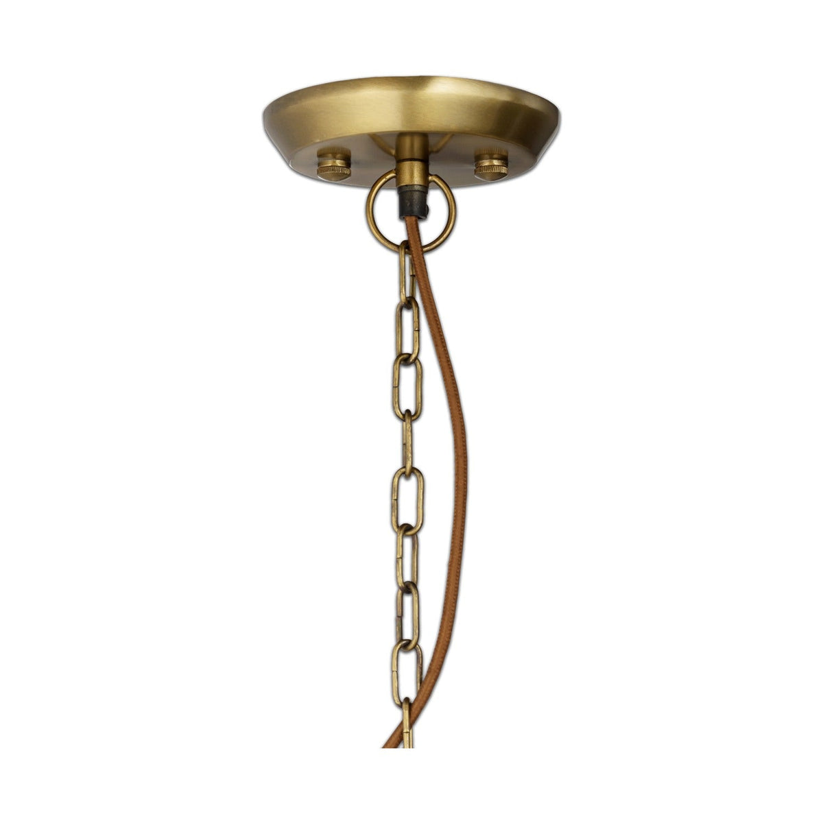 Kalsi Large Recycled Glass Pendant Light in Lustre finish, showing the brass ceiling rose, ring hook, chain and fabric flex above the glass shade, on a plain white background.