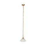 Keju Recycled Glass Pendant Light in Clear, a wide shallow glass bell with rippled rim on a brass collar, suspended from a long brass chain with rust fabric flex, shown on a plain white background.
