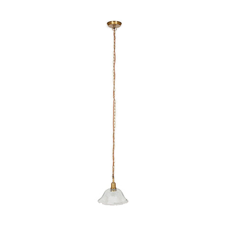 Keju Recycled Glass Pendant Light in Clear, a wide shallow glass bell with rippled rim on a brass collar, suspended from a long brass chain with rust fabric flex, shown on a plain white background.