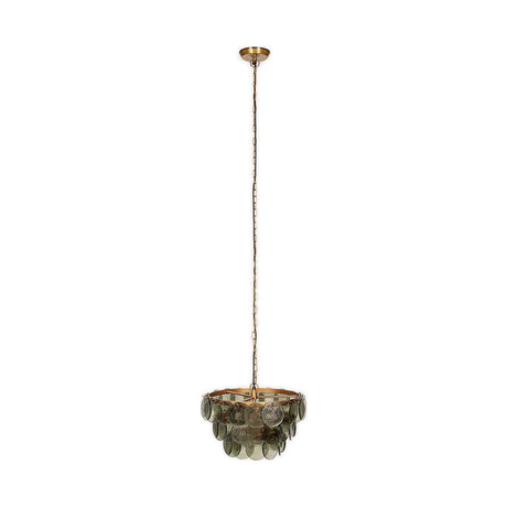 Kagitha Small 3-Light Recycled Glass Chandelier in green, with tiered round glass discs forming a scalloped bowl shape on a brass frame and long hanging chain, shown on a plain white background.