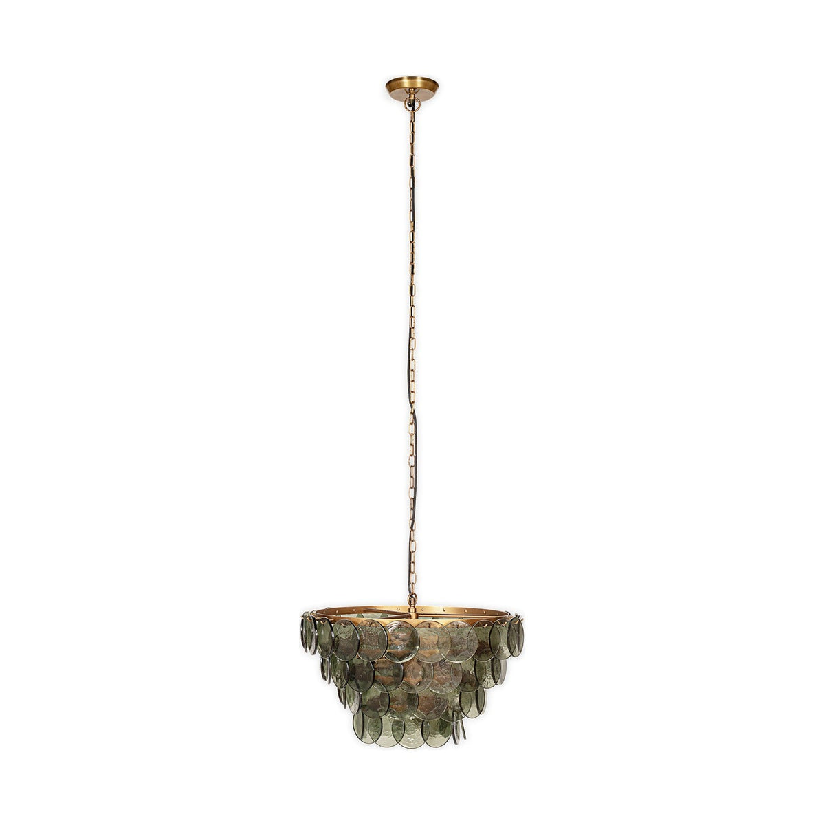 Kagitha Large 3-Light Recycled Glass Chandelier, tiered round green glass discs on a brass frame, hung from a brass ceiling chain against a plain white background.