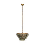 Kagitha Large 3-Light Recycled Glass Chandelier, tiered round green glass discs on a brass frame, hung from a brass ceiling chain against a plain white background.