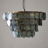 Kagitha Large 3 Light Recycled Glass Chandelier in Green, with tiered round glass discs overlapping like scales on a brass band frame, shown against a plain light background.