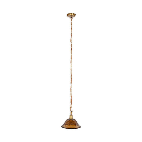 Keju Recycled Glass Pendant Light in dark amber, a wide shallow bell shade with rippled rim on a brass collar and chain with rust fabric flex, shown on a plain white background.