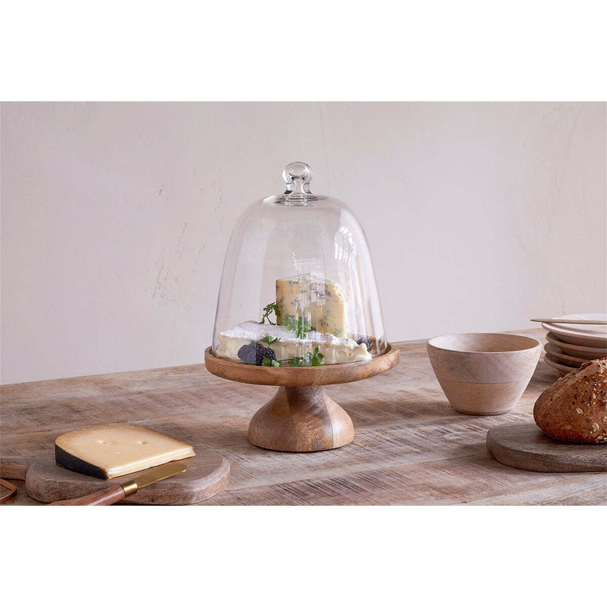 Kannati Mango Wood & Glass Domed Cake Stand - Clear