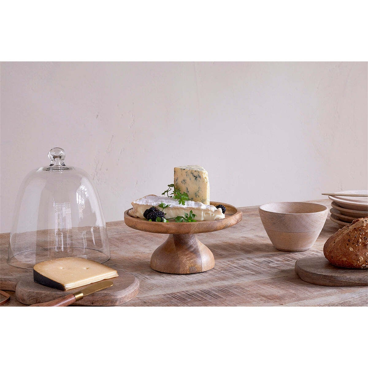 Kannati Mango Wood & Glass Domed Cake Stand - Clear