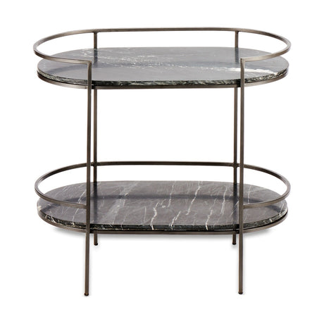 Karoko 2 Tier Oval Marble Side Table in black, with charcoal marble shelves veined in white and grey, set in a slim bronze iron frame against a plain white background.