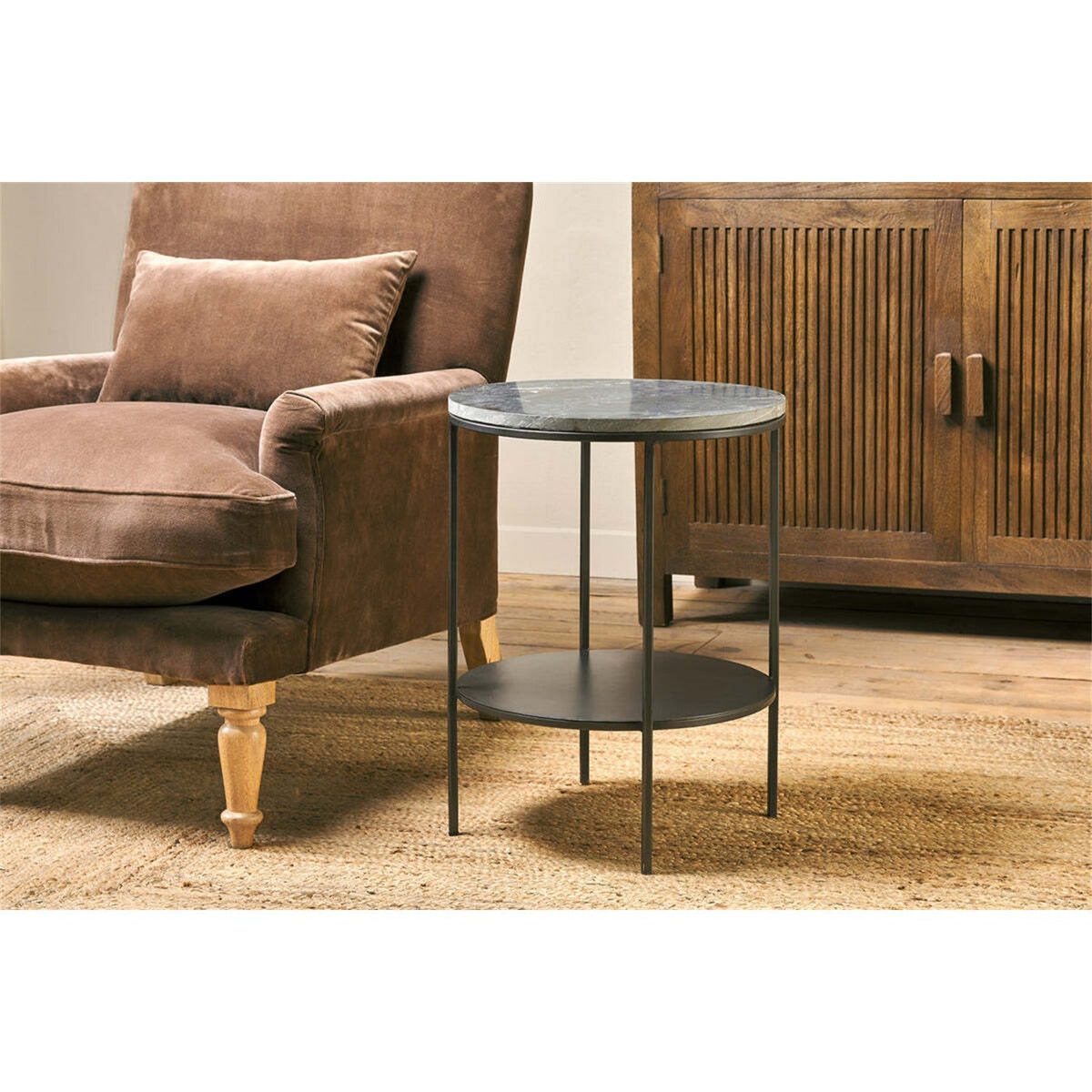 Karoko 2 Tier Round Marble Side Table - Black