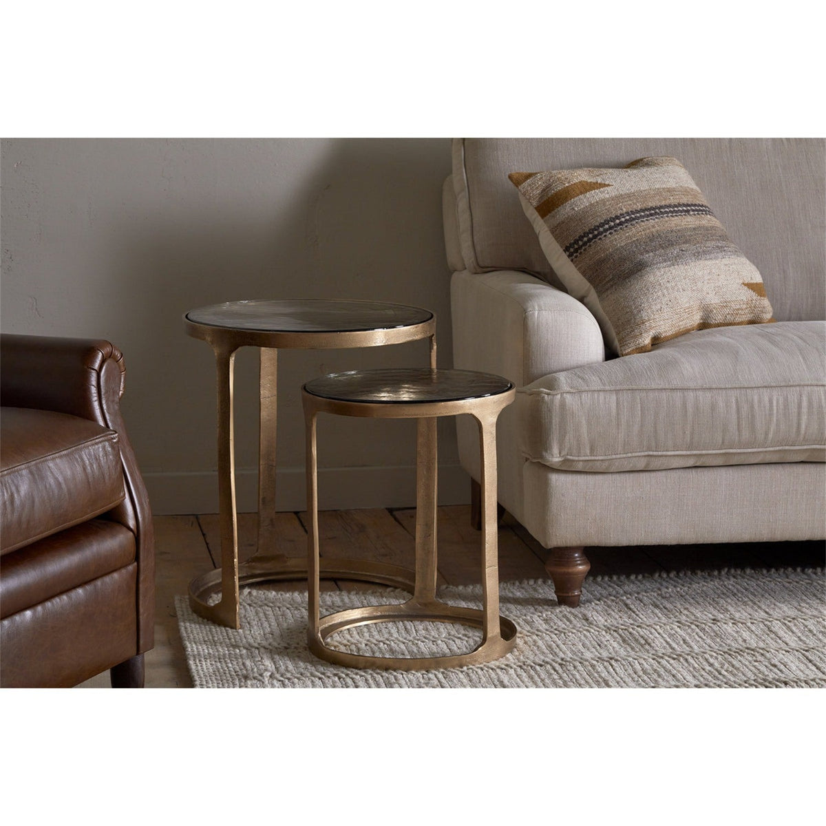 Khidki Glass Top Nest of 2 Side Tables - Antique Brass
