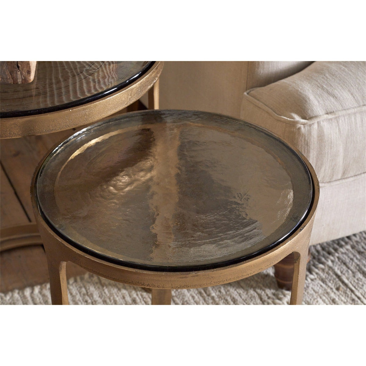 Khidki Glass Top Nest of 2 Side Tables - Antique Brass