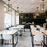 Aviary 4 light pendant light in black and brass finish, shown in a room setting