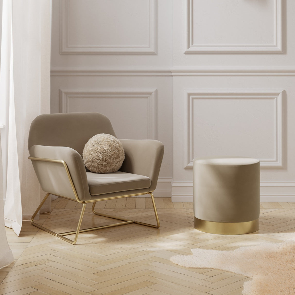 Lara Large Footstool – Beige with Gold