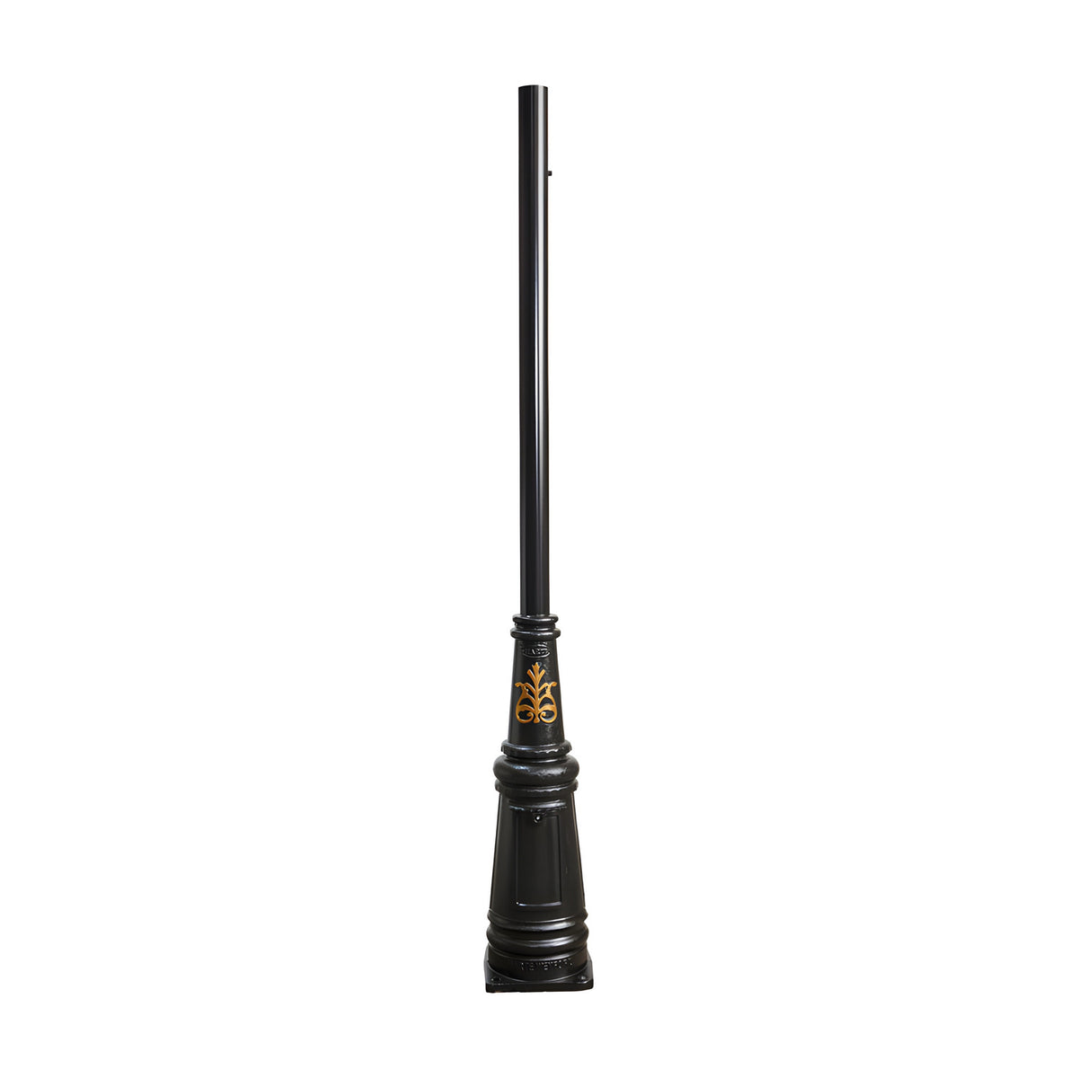 Victorian cast iron lamp post column in black, 2.56m tall with a tapered decorative base featuring gold-tone foliage motifs, shown on a plain white background.
