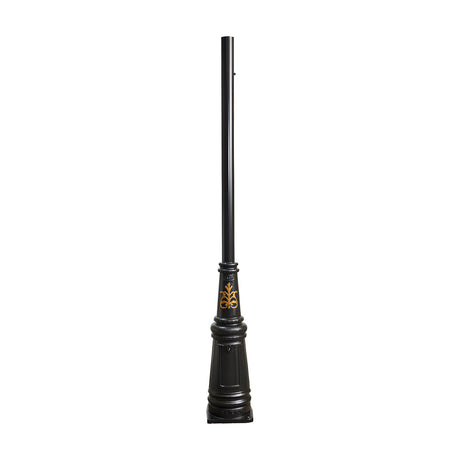 Victorian cast iron lamp post column in black, 2.56m tall with a tapered decorative base featuring gold-tone foliage motifs, shown on a plain white background.