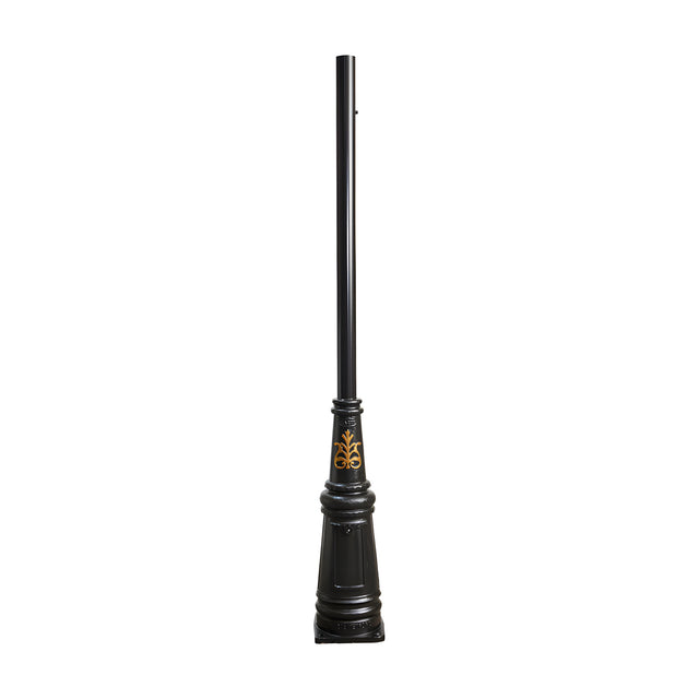 Victorian cast iron lamp post column in black, 2.56m tall with a tapered decorative base featuring gold-tone foliage motifs, shown on a plain white background.