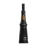 Victorian cast iron lamp post column in black with tapered fluted body, gold scroll motif, ring mouldings, and square base plate, shown on a plain white background.