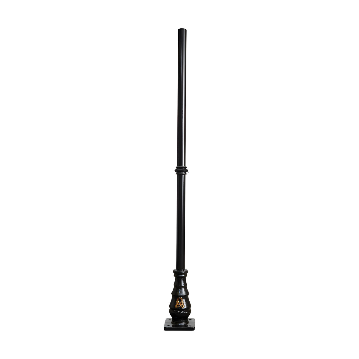 Victorian Cast Iron Lamp Post Column 2.05m in black, tall slender iron post with decorative moulded base and square mounting plate, plain white background.