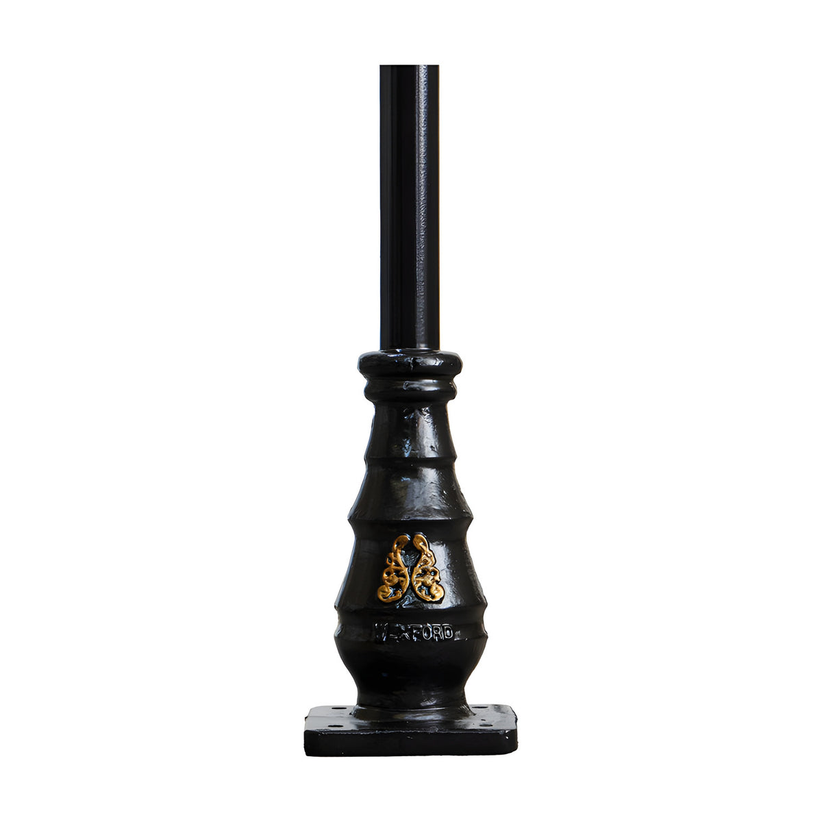 Victorian cast iron lamp post column in black, 2.05m tall with decorative tapered base, gold scroll motif, and square bolt-down base plate, shown on a plain white background.